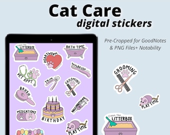 Cat Pet Care Digital Stickers, GoodNotes Stickers, Pre-cropped Digital Planner Stickers, Cat Pet Care Digital Planner Stickers