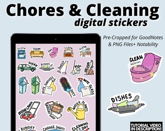 Chores & Cleaning Digital Stickers, GoodNotes Stickers, Pre-cropped Digital Planner Stickers, Chores and Cleaning Digital Planner Stickers