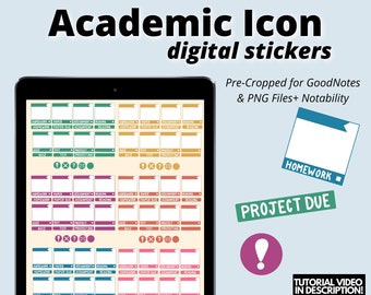 Academic Student Icon Digital Stickers, GoodNotes Stickers, Pre-cropped Digital Planner Stickers, Academic Student Digital Planner Stickers