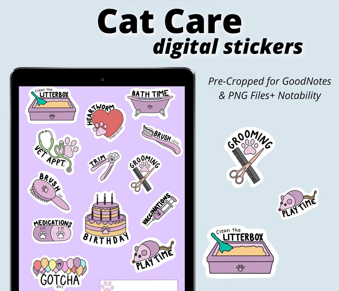 Cat Pet Care Digital Stickers, Goodnotes Stickers, Pre-cropped Digital ...