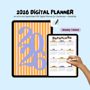 Puede incluir: Un planificador digital para 2026, mostrado en dos tabletas. La tableta más grande muestra un diseño con rayas verticales naranjas y rosas y grandes números azules. La tableta más pequeña muestra un panel de calendario. Texto: "2026 Digital Planner".