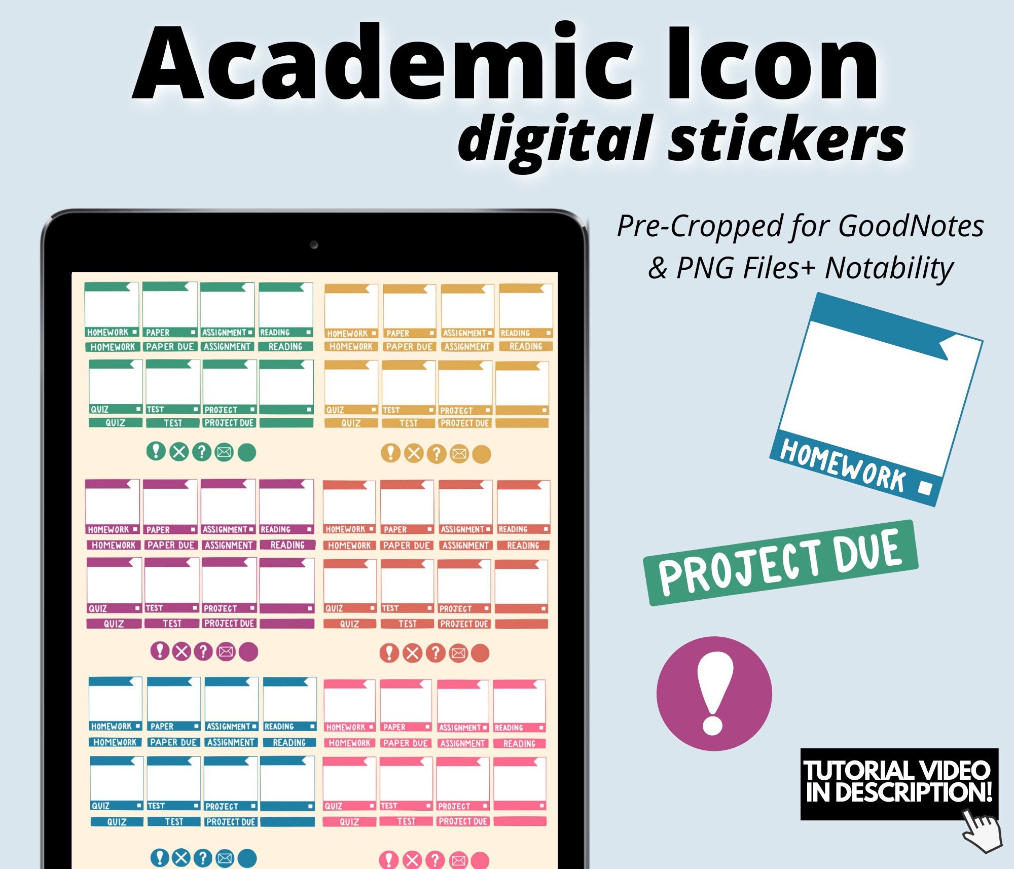 Academic Student Icon Digital Stickers, GoodNotes Stickers, Pre-cropped Digital Planner Stickers, Academic Student Digital Planner Stickers