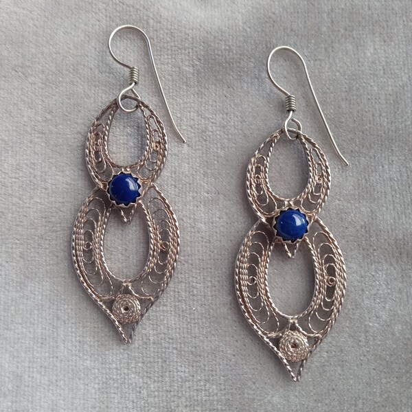 Filigree Silver with Lapis Stones Hand Made Earrings by Local New Mexico Silver Artist, Juan Lopez