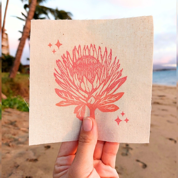 Made on Maui Protea Linocut Sew-On Patch, Protea Flower Cotton Patch, Blockprint Fabric Patch, Original Linocut Artwork, Sew On Punk Patches