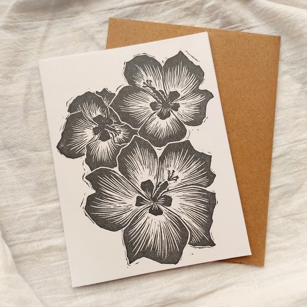 Hau Hibiscus Flower Linocut Greeting Card, Hawaii Art Made on Maui