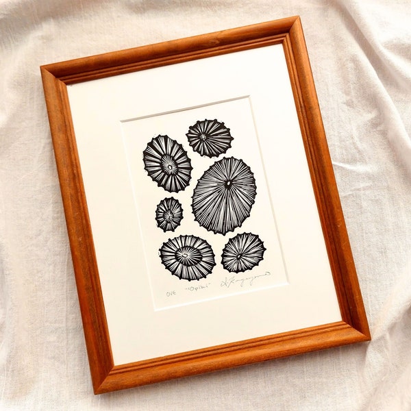 Opihi Shells, 5x7 Prints Seashells Art Print, Original Hand-Carved Handprinted Block Print, Hawaii Art Made on Maui, ʻOpihi Limpet Shell