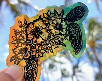 Floral Sea Turtle Sticker, Hawaii Water Bottle Sticker, Prism Glitter Waterproof Sticker, Turtle Decal, Die Cut Sticker, Hawaii Souvenir