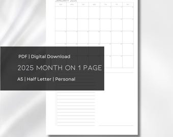 2025 Monthly Planner: Month on 1 Page (Digital Download)