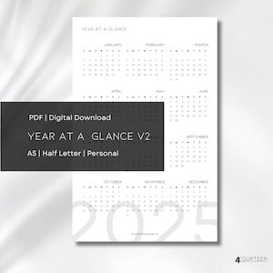 2025 Year at a Glance Calendar Dashboard V2 | Printable Dashboard | Digital Download | A5, Half Letter, Personal