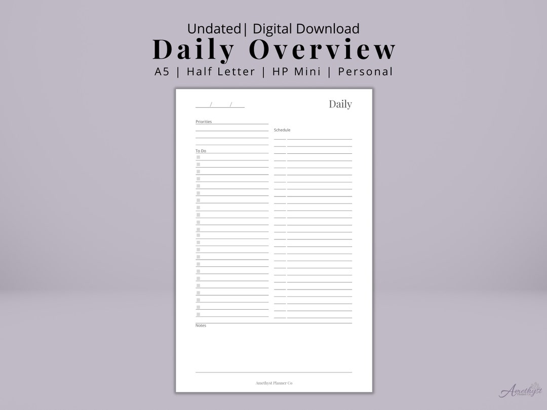 Daily Overview Printable Planner Insert Digital Download A5, Half ...