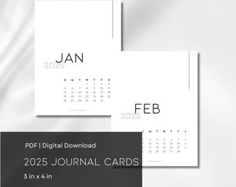 May include: Printable 2025 calendar cards for January and February. The cards are white with black text and a vertical black line on the right side. The cards are 3 inches by 4 inches.