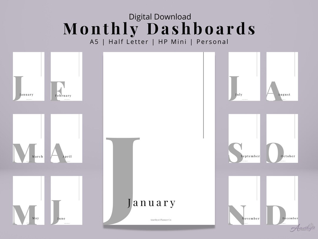 Monthly Dashboards Printable Dashboard Digital Download Planner Inserts