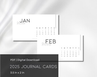 May include: Two printable calendar cards for January and February 2025. The cards are white with black text and are 3.5 inches by 2 inches.