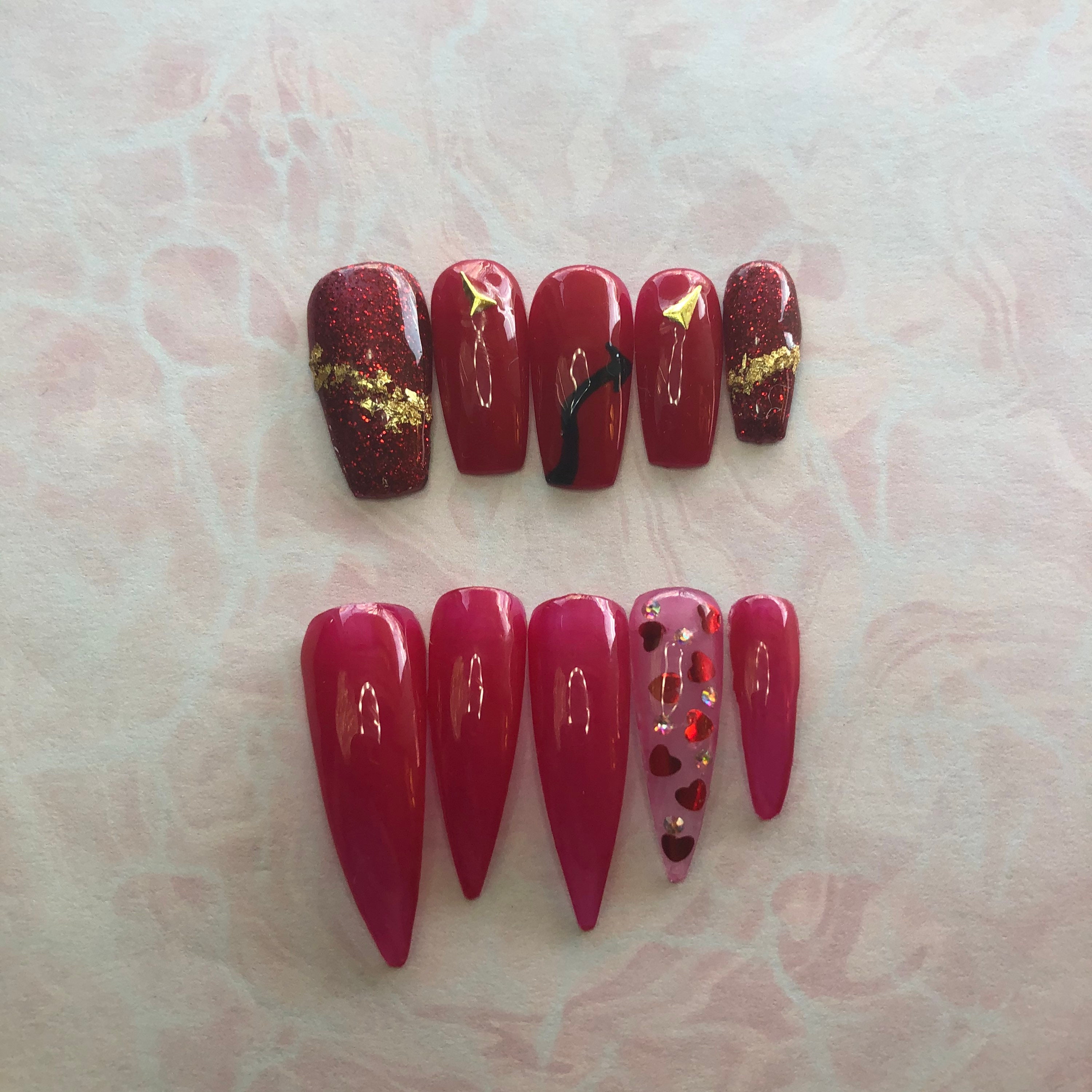 Red With Gold Foil and Rhinestones Press on Nails Bundle Size | Etsy