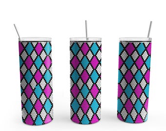 May include: Three stainless steel tumblers with a pink, blue, and white diamond pattern. The tumblers are all the same size and have a straw in them.