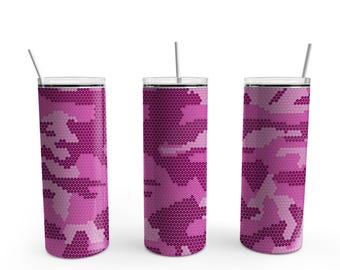 Diseño de patrón de vaso / Plantilla de vaso de camuflaje rosa / Patrón de sublimación de camuflaje rosa con diamantes de imitación / Vaso delgado de 20 oz