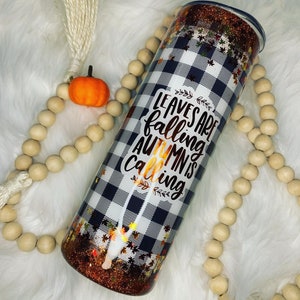 Autumn fall leaves glitter tumbler/fall buffalo plaid tumbler