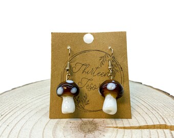 Big Glass Mushroom Earrings - Stainless Steel - Dangle - Brown Mushrooms - Teens - Accessories - Gold Metal