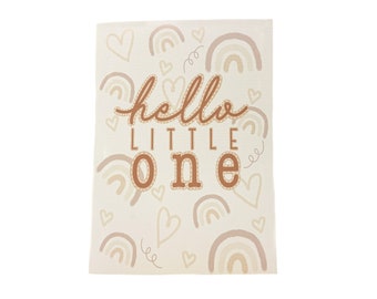 Hello Little One|Baby Shower|Greeting Card|Illustrated|Rainbows|Hearts|Boho|Neutral|White|Pink|Cute|New Baby|New Arrival|Newborn|Expecting