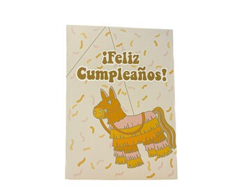 Feliz Cumpleaños!| Printed Card|Illustrated|Piñata|Birthday|Spanish Cards|Tarjetas en español|Pink|Orange|Confetti|Tarjetas|