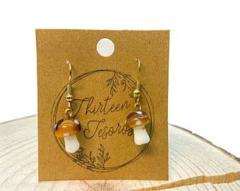 Small Glass Mushroom Earrings -Stainless Steel - Dangle - Brown Mushrooms - Teen - Accessories - Gold Metal