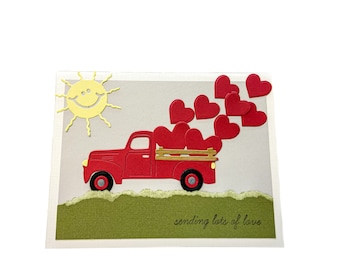 Sending Lots of Love|Anniversary Card|Wedding|Greeting Cards|Red Truck|Hearts|Rustic|Paper Hearts|Cursive|Anniversary|Cards for her