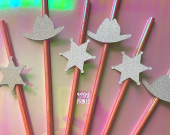 Western Last Rodeo Theme Holographic Pink Straws with Glitter Cowgirl Hat and Sheriff Badge Confetti for Bachelorette Party, Birthday Party
