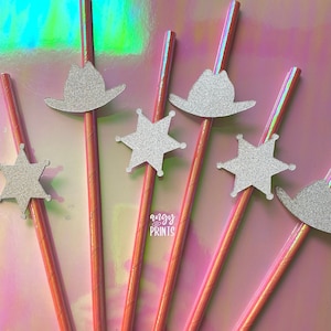 Western Last Rodeo Theme Holographic Pink Straws with Glitter Cowgirl Hat and Sheriff Badge Confetti for Bachelorette Party, Birthday Party