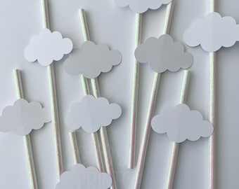 Pajitas de papel iridiscentes blancas con diseño de nube recortada para despedida de soltera, cumpleaños y otras ocasiones especiales.