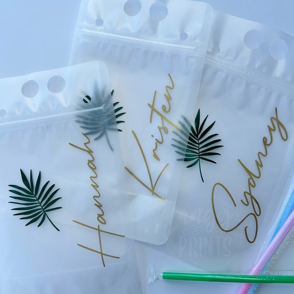 Tropical Vacation Bachelorette Personalized Name Plastic Clear Adult Beverage Pouches w/ Individually Wrapped Straw for Party, Day Drinking
