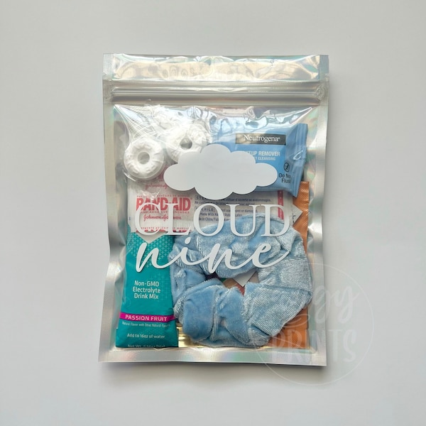 The Bride is on Cloud Nine Theme Hangover Kit Fully Assembled Clear Holographic Bag Bachelorette Party Recovery Kit