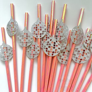 Last Disco 70s 80s 90s Theme Holographic Pink Drinking Paper Straws w Glitter Disco Ball Confetti for Bachelorette Party, Birthday, Bridal
