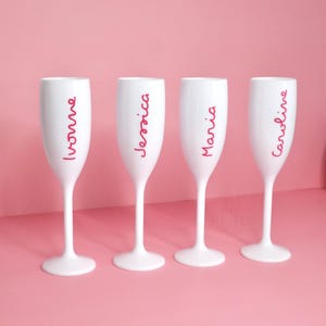Personalized White Champagne Flutes Tropical Island Summer | Hot Pink Text | Custom Drinkware for Bachelorette | Bridal Shower Party
