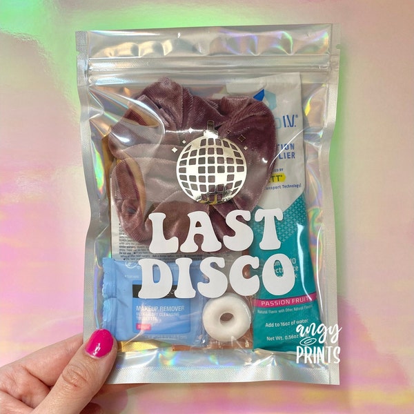 Last Disco Dance Party 90s Theme Hangover Kit Fully Assembled Clear Holographic Bag Bachelorette Party Essentials, Recovery Kit, Bach