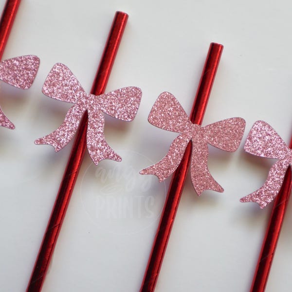 Pink Glitter Bow Shaped Paper Straws for Galentine’s Day Party |Valentine’s Day Decorations | Cute  Stylish Drink Accessories | Eco-Friendly