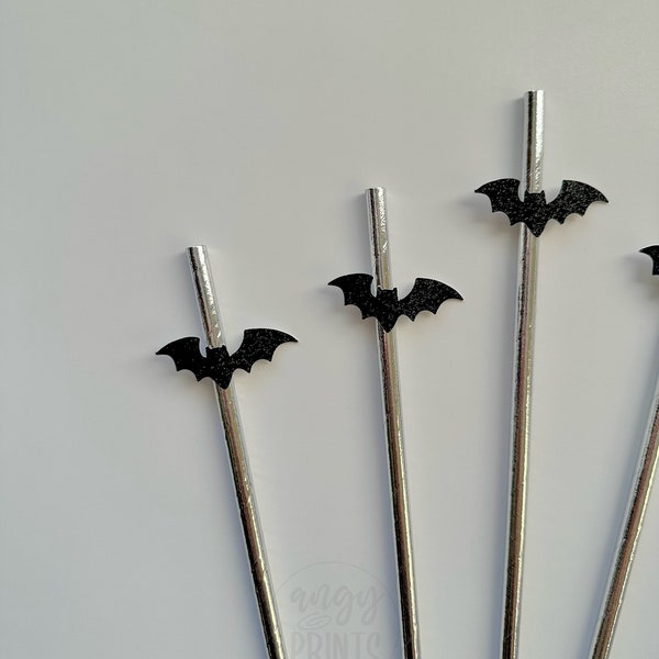 Bat Halloween Straws | Spooky Till Death Do Us Party Theme Metallic Silver Paper Straws Bachelorette Party, Birthday Party Halloween Party