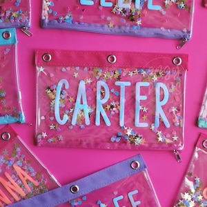 Personalized Glitter Clear Pencil Pouch For Kids Back To School | 3-Ring Binder Zipper Pouch