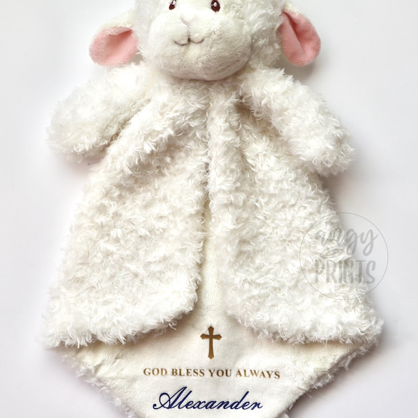Gepersonaliseerde knuffel van een dooplammetje | Cadeau met een gepersonaliseerd knuffellammetje | Knuffel met de tekst "God zegene je altijd" | Doopcadeau als aandenken | Doopcadeau voor een baby