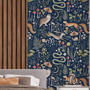 removable wallpaper woodland peel and stick mushroom wallpaper  vintage forest wall mural