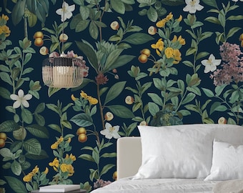 Dark Botanical Wallpaper,  Peel & Stick Wall Mura, Navy Blue Vintage Flowers Wallpaper