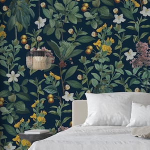 Dark Botanical Wallpaper,  Peel & Stick Wall Mura, Navy Blue Vintage Flowers Wallpaper
