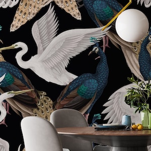 Chinoiserie Birds Wallpaper: Tropical Peel and Stick Wall Mural