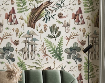 May include: A living room scene featuring a green velvet sofa and ottoman, a round coffee table, and a patterned wallpaper with mushrooms, ferns, and snails. A black and white throw blanket is draped over the sofa.