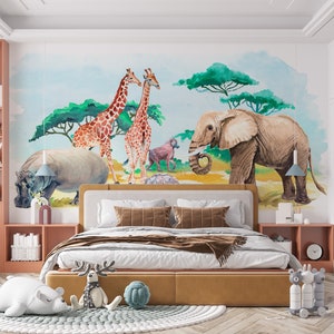 Safari Wallpaper Nursery Wall Mural Jungle Peel and Stick Wallpaper Animals Kids Room decor