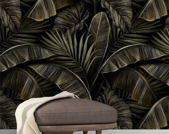 Banana leaf wallpaper peel and stick, dark botanical wallpaper, tropical wall mural