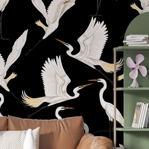 Chinoiserie Herons Wallpaper Vintage Crane Asian Birds Etsy