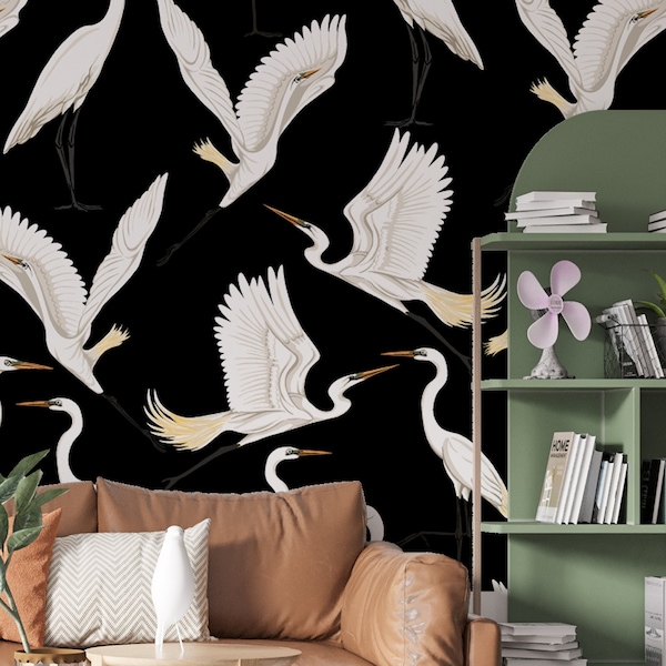 Chinoiserie Heron Wallpaper: Vintage Crane Asian Birds Wall Mural