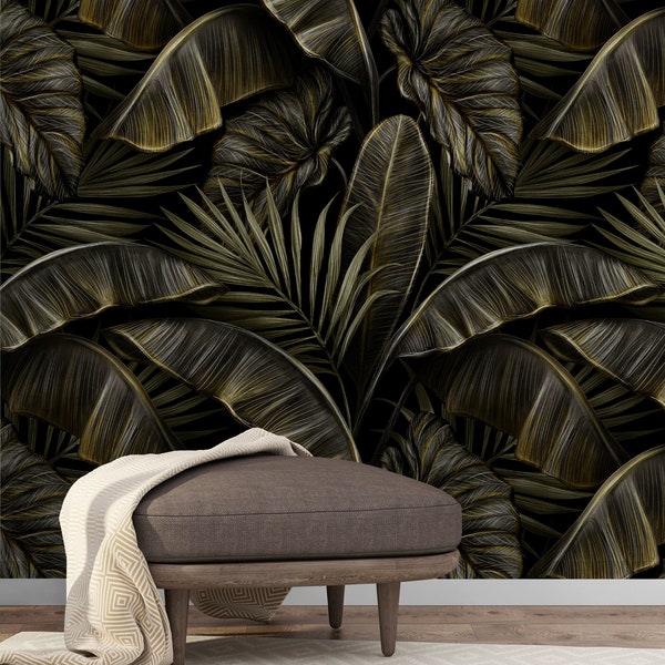 Banana leaf wallpaper peel and stick, dark botanical wallpaper, tropical wall mural