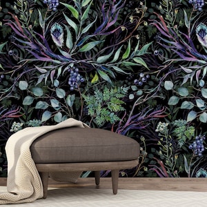 Dark botanical wallpaper, peel and stick wallpaper, secret garden wall mural