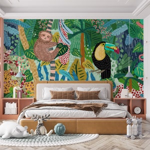 Safari Animals Tropical Wallpaper Nursery Wall Mural  Peel and Stick Wallpaper Kids Room decor